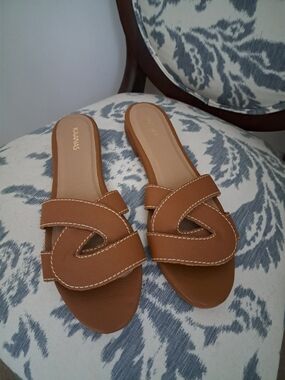 Kaanas Tan Leather Slide Sandals - Women's Casual Slip-On